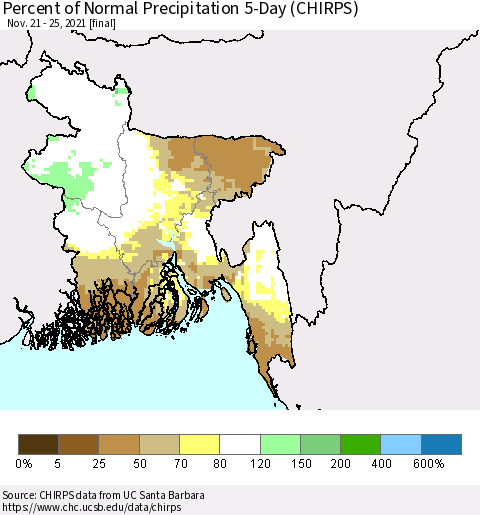 Bangladesh Percent of Normal Precipitation 5-Day (CHIRPS) Thematic Map For 11/21/2021 - 11/25/2021