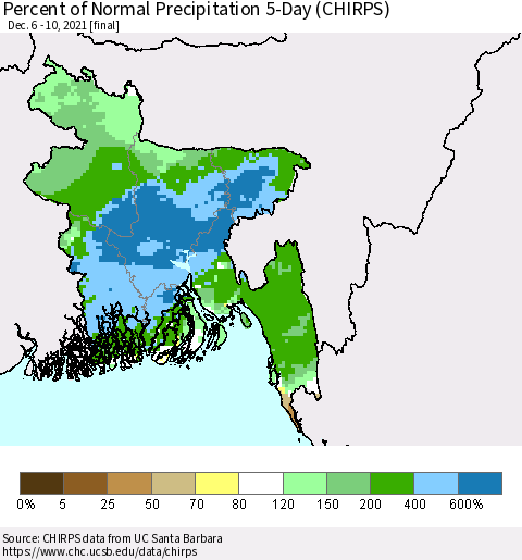 Bangladesh Percent of Normal Precipitation 5-Day (CHIRPS) Thematic Map For 12/6/2021 - 12/10/2021