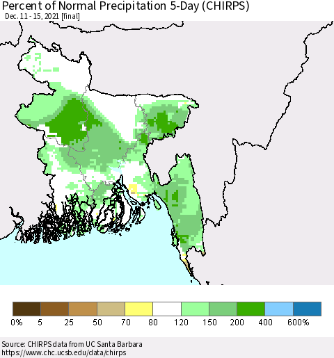 Bangladesh Percent of Normal Precipitation 5-Day (CHIRPS) Thematic Map For 12/11/2021 - 12/15/2021