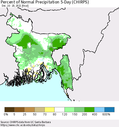 Bangladesh Percent of Normal Precipitation 5-Day (CHIRPS) Thematic Map For 12/16/2021 - 12/20/2021