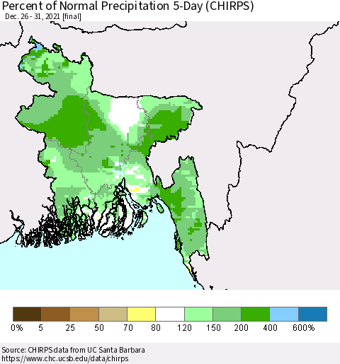 Bangladesh Percent of Normal Precipitation 5-Day (CHIRPS) Thematic Map For 12/26/2021 - 12/31/2021