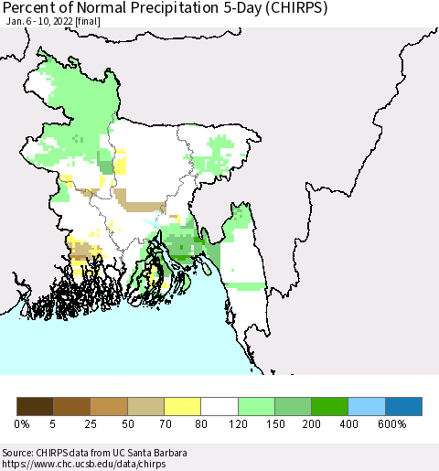 Bangladesh Percent of Normal Precipitation 5-Day (CHIRPS) Thematic Map For 1/6/2022 - 1/10/2022