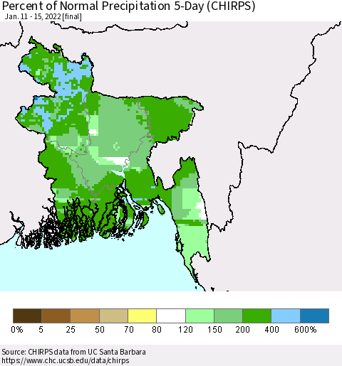Bangladesh Percent of Normal Precipitation 5-Day (CHIRPS) Thematic Map For 1/11/2022 - 1/15/2022