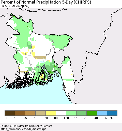 Bangladesh Percent of Normal Precipitation 5-Day (CHIRPS) Thematic Map For 1/16/2022 - 1/20/2022