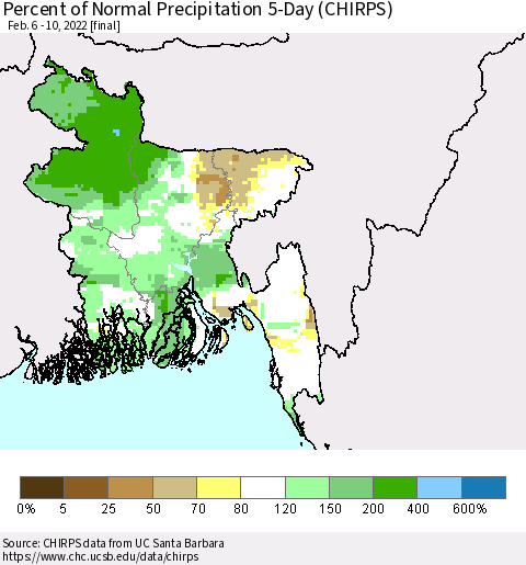 Bangladesh Percent of Normal Precipitation 5-Day (CHIRPS) Thematic Map For 2/6/2022 - 2/10/2022
