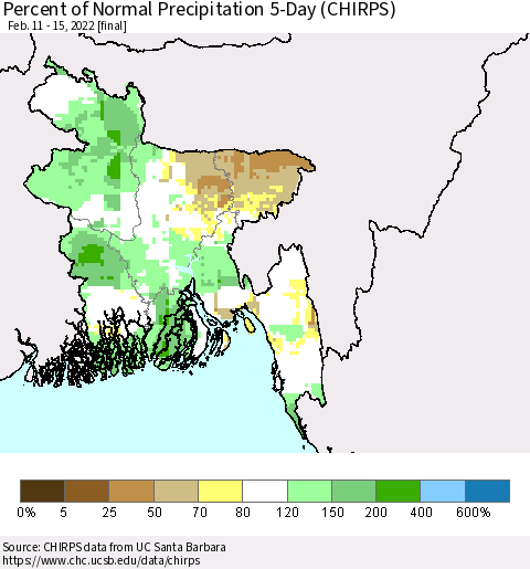 Bangladesh Percent of Normal Precipitation 5-Day (CHIRPS) Thematic Map For 2/11/2022 - 2/15/2022