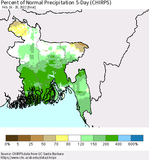 Bangladesh Percent of Normal Precipitation 5-Day (CHIRPS) Thematic Map For 2/16/2022 - 2/20/2022