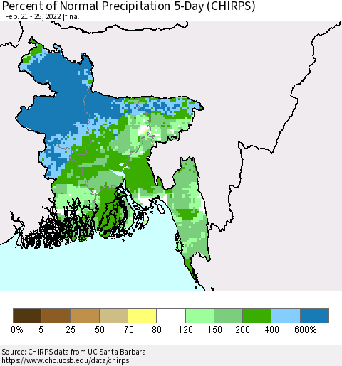 Bangladesh Percent of Normal Precipitation 5-Day (CHIRPS) Thematic Map For 2/21/2022 - 2/25/2022