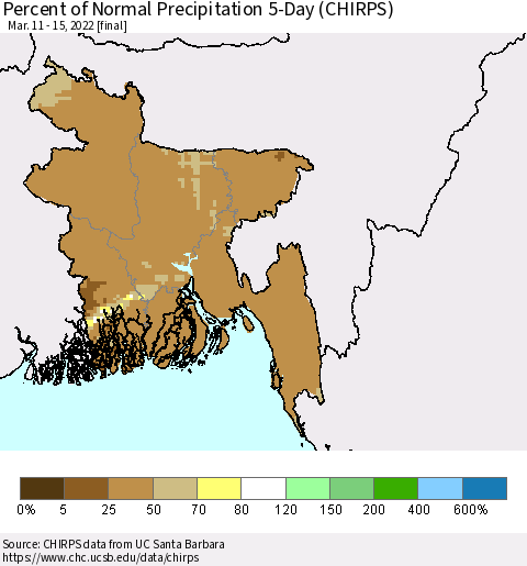 Bangladesh Percent of Normal Precipitation 5-Day (CHIRPS) Thematic Map For 3/11/2022 - 3/15/2022