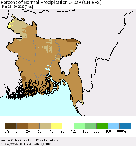 Bangladesh Percent of Normal Precipitation 5-Day (CHIRPS) Thematic Map For 3/16/2022 - 3/20/2022