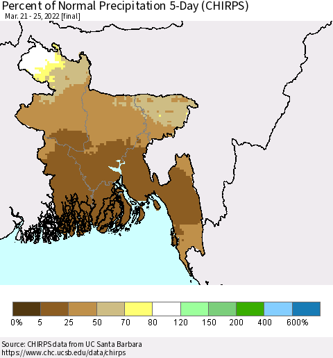 Bangladesh Percent of Normal Precipitation 5-Day (CHIRPS) Thematic Map For 3/21/2022 - 3/25/2022