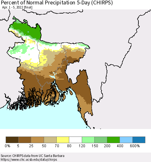 Bangladesh Percent of Normal Precipitation 5-Day (CHIRPS) Thematic Map For 4/1/2022 - 4/5/2022