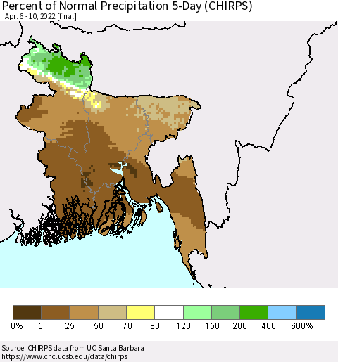 Bangladesh Percent of Normal Precipitation 5-Day (CHIRPS) Thematic Map For 4/6/2022 - 4/10/2022