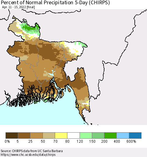 Bangladesh Percent of Normal Precipitation 5-Day (CHIRPS) Thematic Map For 4/11/2022 - 4/15/2022