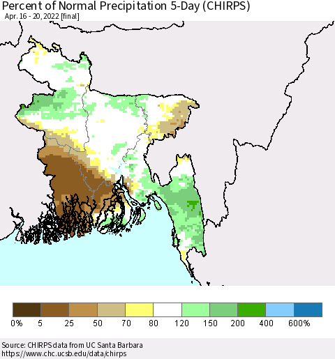 Bangladesh Percent of Normal Precipitation 5-Day (CHIRPS) Thematic Map For 4/16/2022 - 4/20/2022