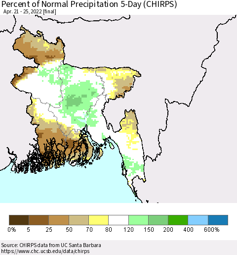 Bangladesh Percent of Normal Precipitation 5-Day (CHIRPS) Thematic Map For 4/21/2022 - 4/25/2022