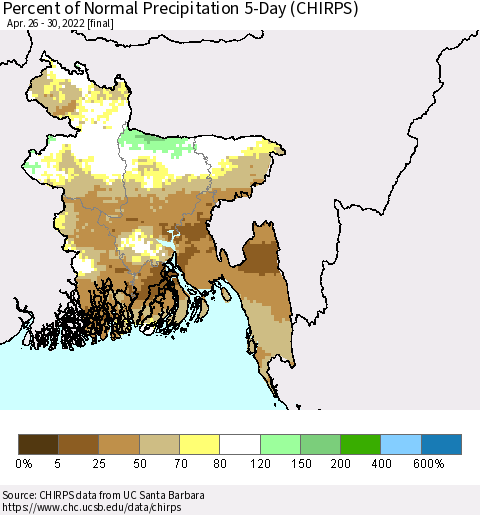 Bangladesh Percent of Normal Precipitation 5-Day (CHIRPS) Thematic Map For 4/26/2022 - 4/30/2022