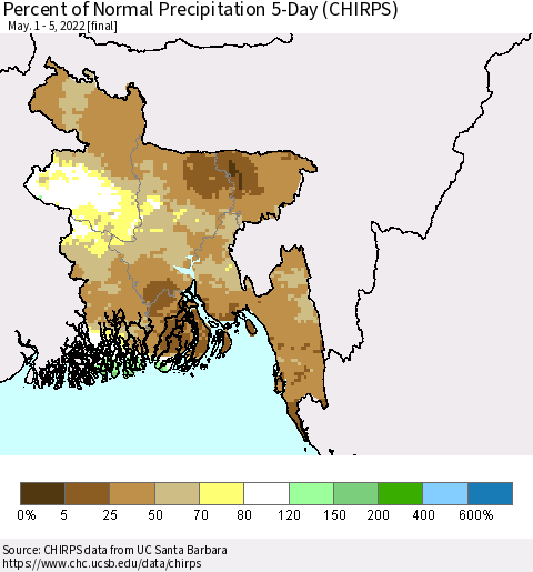 Bangladesh Percent of Normal Precipitation 5-Day (CHIRPS) Thematic Map For 5/1/2022 - 5/5/2022
