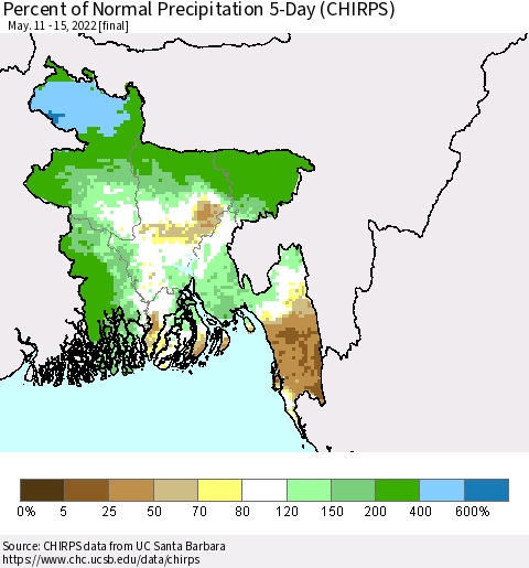 Bangladesh Percent of Normal Precipitation 5-Day (CHIRPS) Thematic Map For 5/11/2022 - 5/15/2022