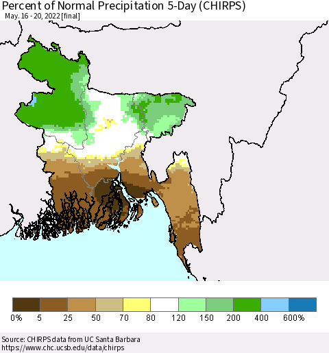 Bangladesh Percent of Normal Precipitation 5-Day (CHIRPS) Thematic Map For 5/16/2022 - 5/20/2022
