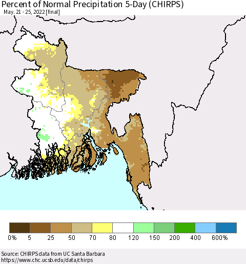 Bangladesh Percent of Normal Precipitation 5-Day (CHIRPS) Thematic Map For 5/21/2022 - 5/25/2022