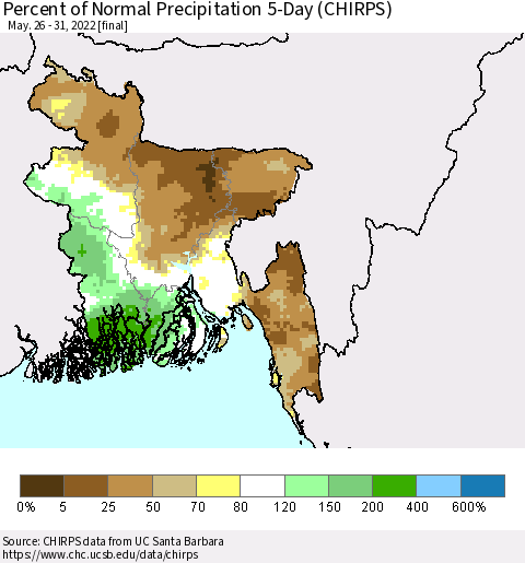 Bangladesh Percent of Normal Precipitation 5-Day (CHIRPS) Thematic Map For 5/26/2022 - 5/31/2022