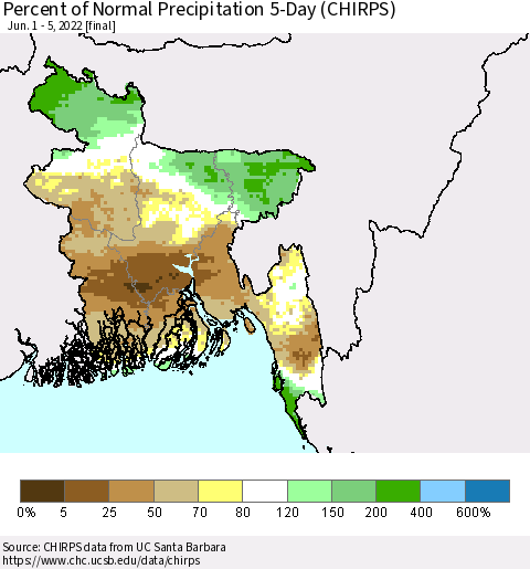 Bangladesh Percent of Normal Precipitation 5-Day (CHIRPS) Thematic Map For 6/1/2022 - 6/5/2022