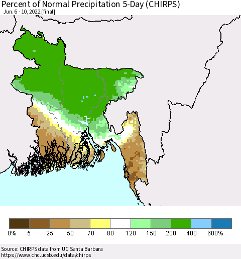 Bangladesh Percent of Normal Precipitation 5-Day (CHIRPS) Thematic Map For 6/6/2022 - 6/10/2022