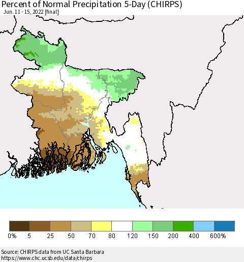 Bangladesh Percent of Normal Precipitation 5-Day (CHIRPS) Thematic Map For 6/11/2022 - 6/15/2022