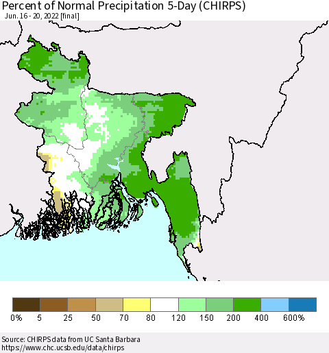 Bangladesh Percent of Normal Precipitation 5-Day (CHIRPS) Thematic Map For 6/16/2022 - 6/20/2022