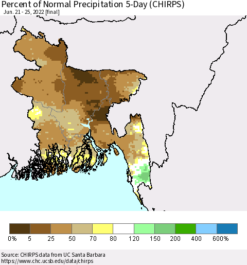 Bangladesh Percent of Normal Precipitation 5-Day (CHIRPS) Thematic Map For 6/21/2022 - 6/25/2022