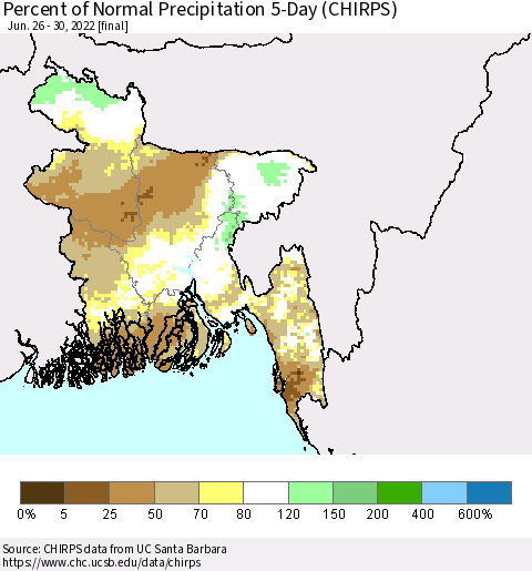 Bangladesh Percent of Normal Precipitation 5-Day (CHIRPS) Thematic Map For 6/26/2022 - 6/30/2022