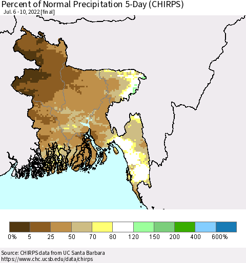 Bangladesh Percent of Normal Precipitation 5-Day (CHIRPS) Thematic Map For 7/6/2022 - 7/10/2022