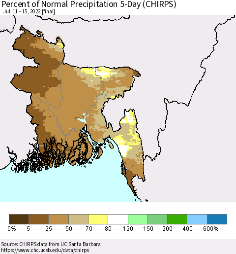 Bangladesh Percent of Normal Precipitation 5-Day (CHIRPS) Thematic Map For 7/11/2022 - 7/15/2022