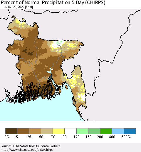 Bangladesh Percent of Normal Precipitation 5-Day (CHIRPS) Thematic Map For 7/16/2022 - 7/20/2022