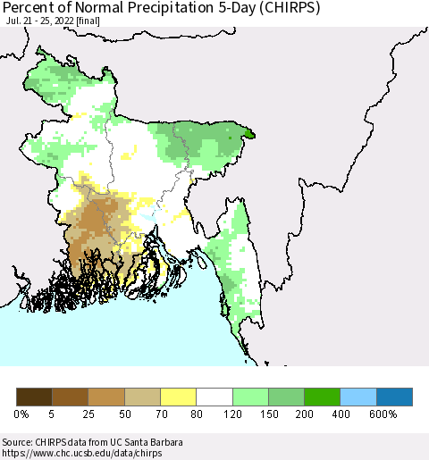 Bangladesh Percent of Normal Precipitation 5-Day (CHIRPS) Thematic Map For 7/21/2022 - 7/25/2022