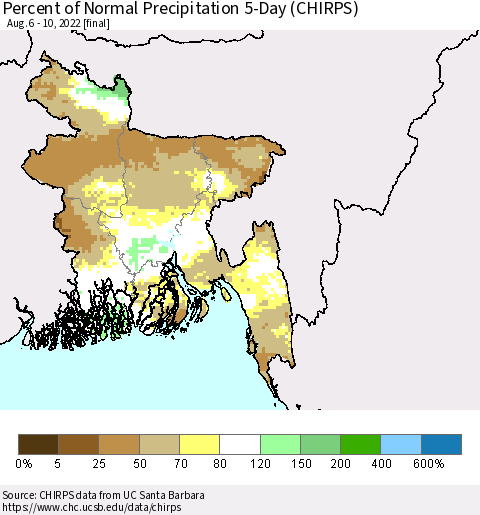 Bangladesh Percent of Normal Precipitation 5-Day (CHIRPS) Thematic Map For 8/6/2022 - 8/10/2022