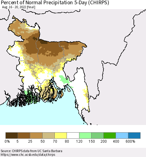 Bangladesh Percent of Normal Precipitation 5-Day (CHIRPS) Thematic Map For 8/16/2022 - 8/20/2022