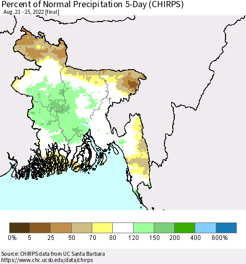 Bangladesh Percent of Normal Precipitation 5-Day (CHIRPS) Thematic Map For 8/21/2022 - 8/25/2022