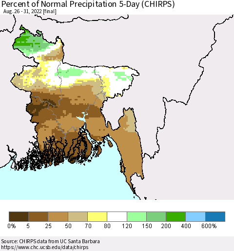 Bangladesh Percent of Normal Precipitation 5-Day (CHIRPS) Thematic Map For 8/26/2022 - 8/31/2022