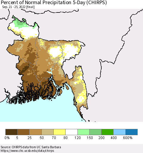 Bangladesh Percent of Normal Precipitation 5-Day (CHIRPS) Thematic Map For 9/21/2022 - 9/25/2022