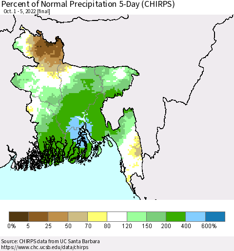 Bangladesh Percent of Normal Precipitation 5-Day (CHIRPS) Thematic Map For 10/1/2022 - 10/5/2022