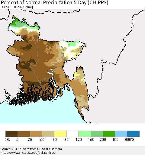 Bangladesh Percent of Normal Precipitation 5-Day (CHIRPS) Thematic Map For 10/6/2022 - 10/10/2022