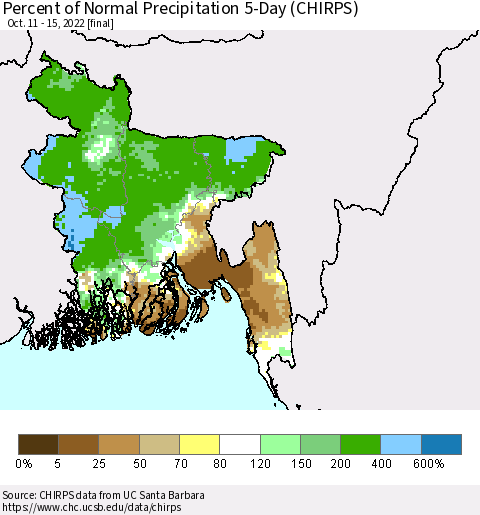 Bangladesh Percent of Normal Precipitation 5-Day (CHIRPS) Thematic Map For 10/11/2022 - 10/15/2022