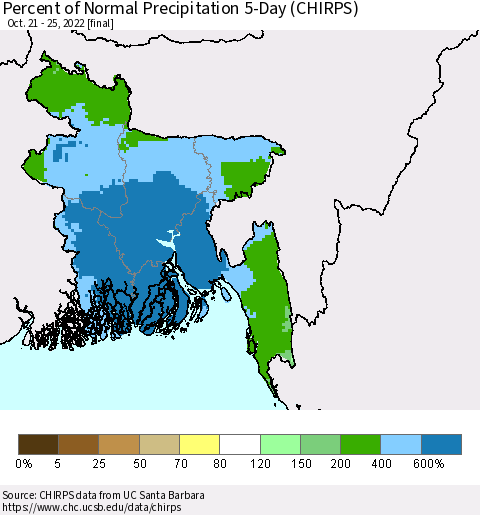 Bangladesh Percent of Normal Precipitation 5-Day (CHIRPS) Thematic Map For 10/21/2022 - 10/25/2022
