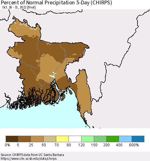 Bangladesh Percent of Normal Precipitation 5-Day (CHIRPS) Thematic Map For 10/26/2022 - 10/31/2022
