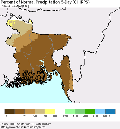 Bangladesh Percent of Normal Precipitation 5-Day (CHIRPS) Thematic Map For 11/11/2022 - 11/15/2022