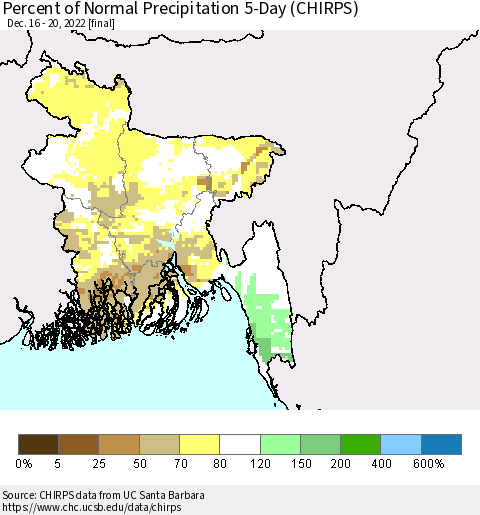 Bangladesh Percent of Normal Precipitation 5-Day (CHIRPS) Thematic Map For 12/16/2022 - 12/20/2022