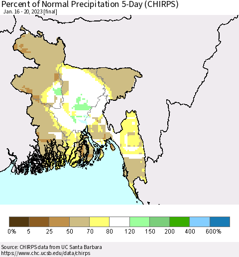 Bangladesh Percent of Normal Precipitation 5-Day (CHIRPS) Thematic Map For 1/16/2023 - 1/20/2023