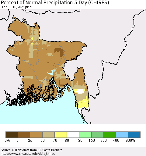 Bangladesh Percent of Normal Precipitation 5-Day (CHIRPS) Thematic Map For 2/6/2023 - 2/10/2023
